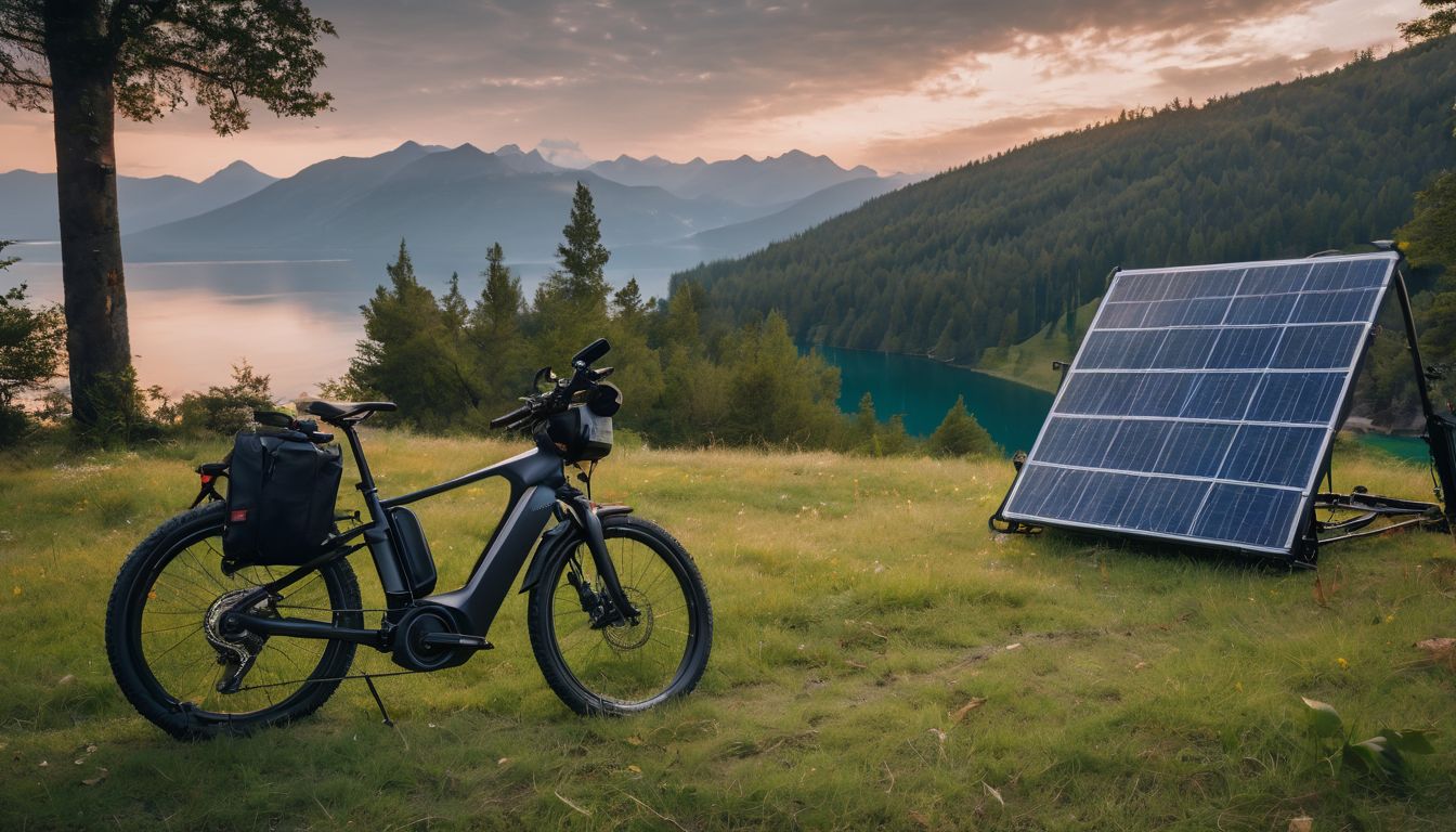 The photo depicts a campsite with an eBike and solar panels.