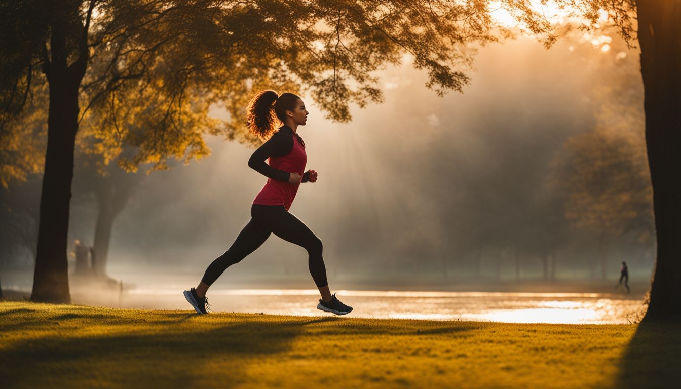 A runner stretching in a park at sunrise with a misty backdrop.