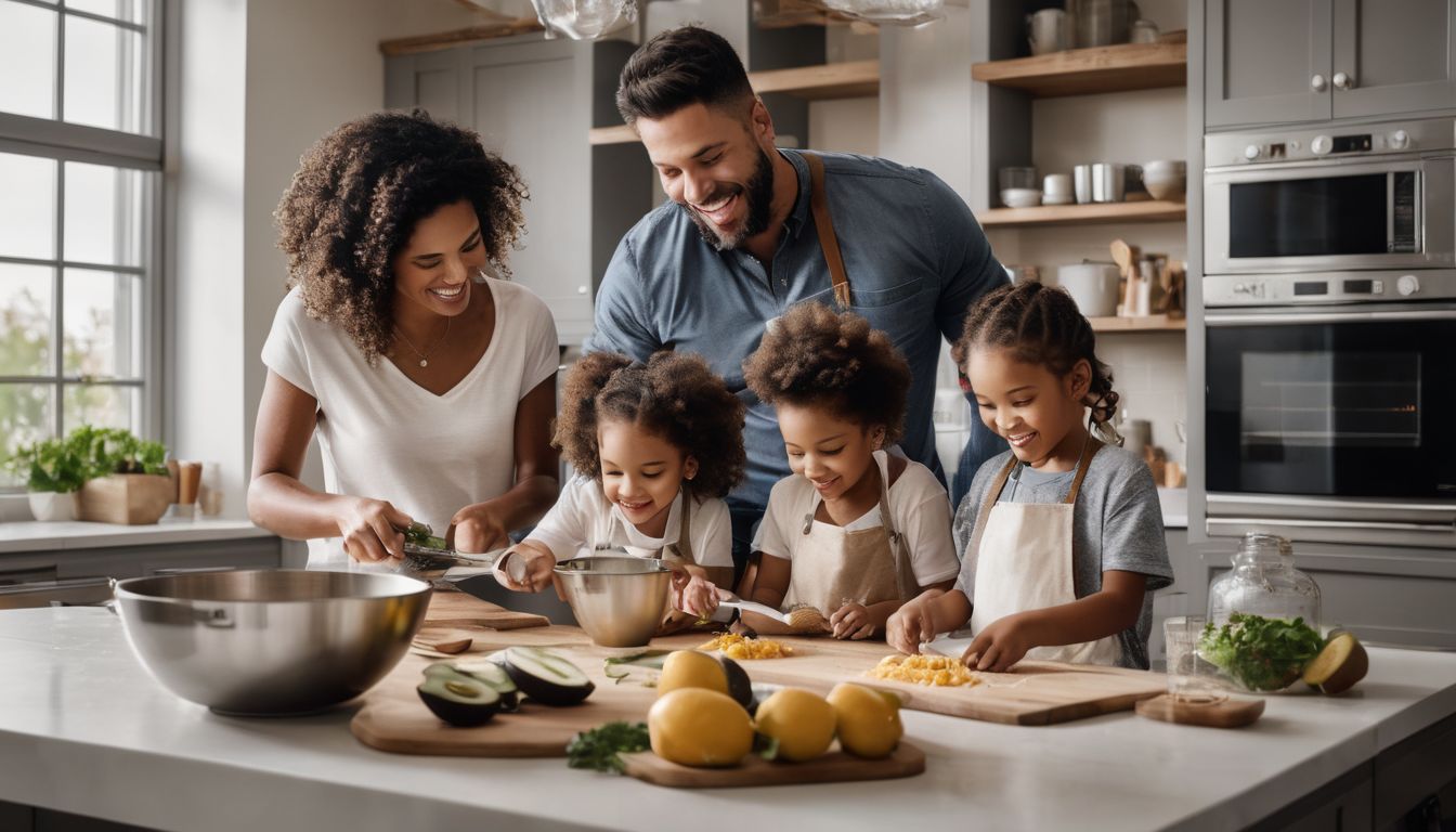 A diverse family happily cooking together in a bright kitchen, captured in a high-quality photograph.