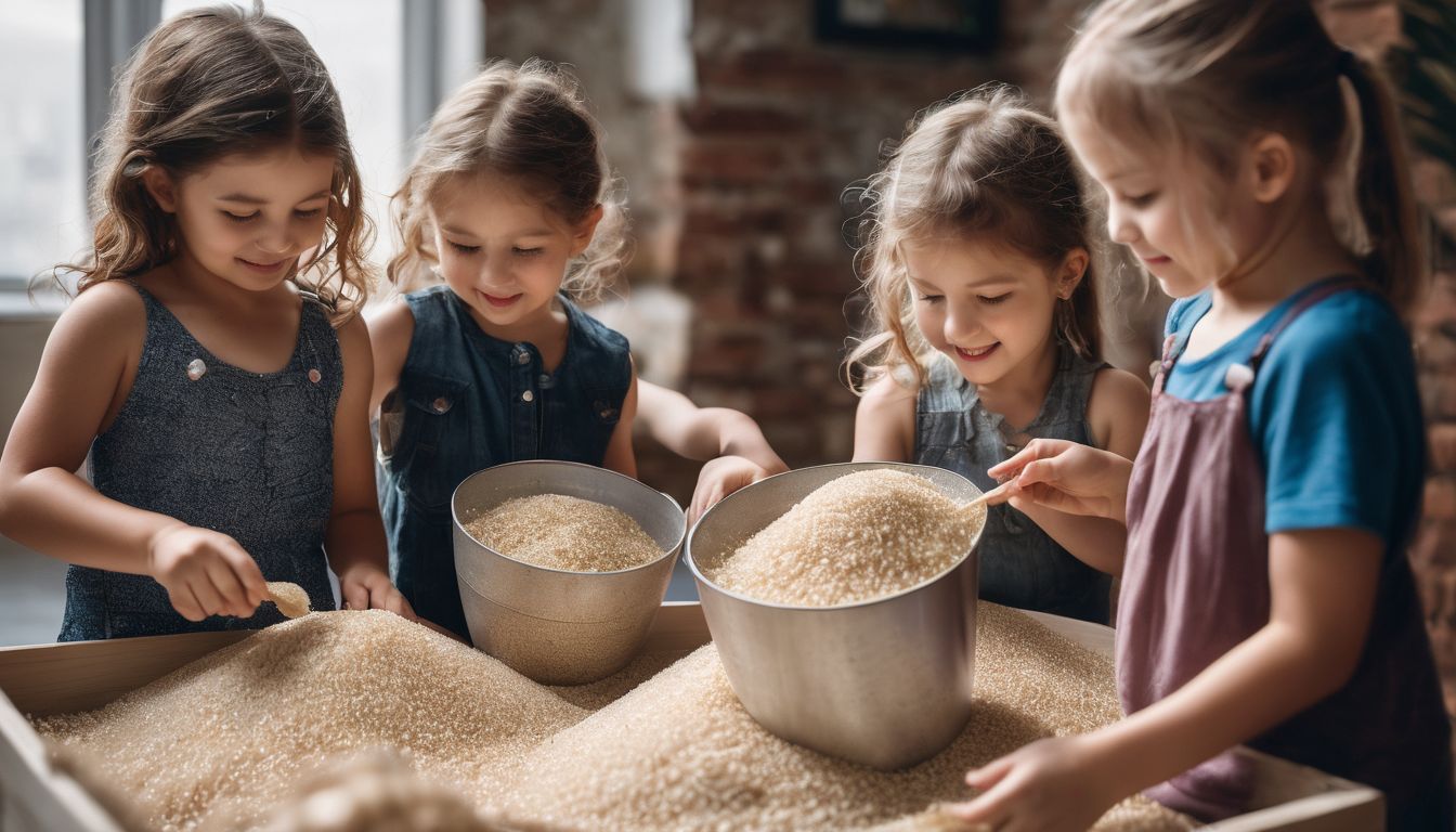 Children of different ethnicities play with sensory bins filled with rice, pasta, and sand.