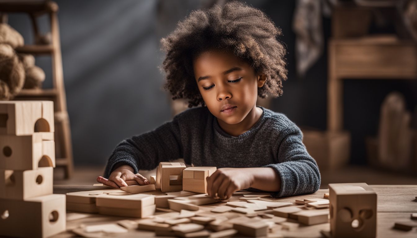 A child playing with blocks and a puzzle while surrounded by craft materials and various faces, hair styles, and outfits.