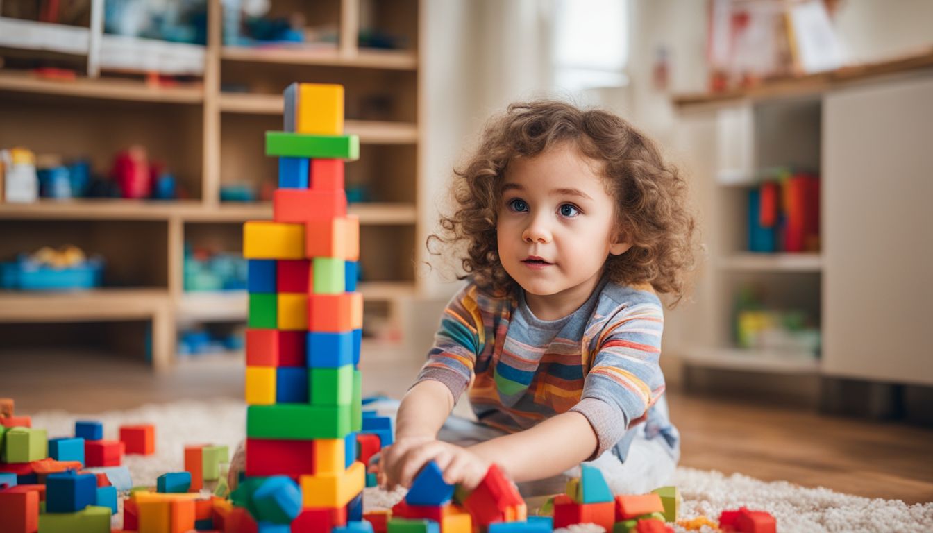 A child building a colorful tower with blocks in a bright playroom, featuring diverse faces, hair styles, and outfits.