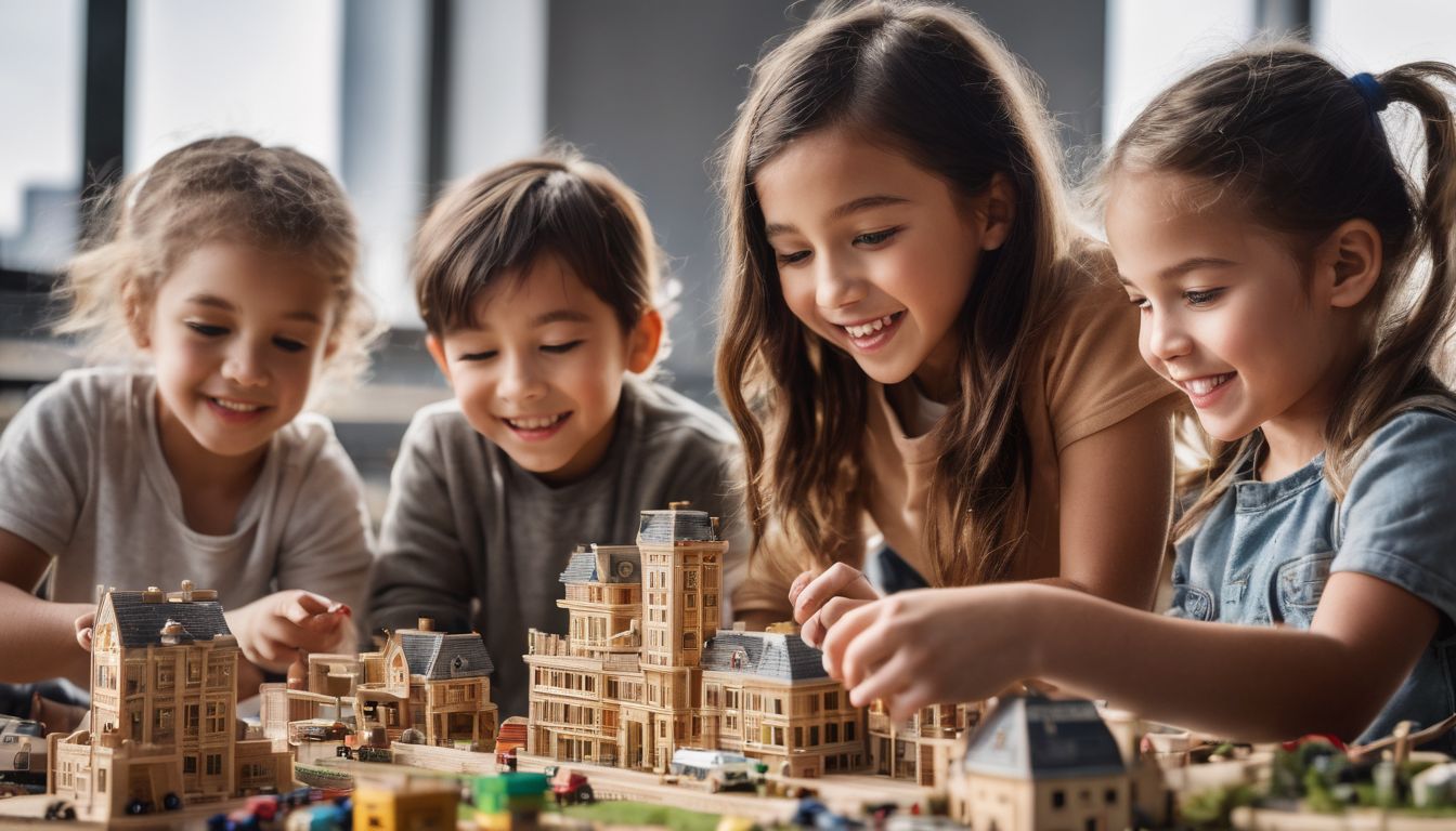 A diverse group of children happily playing and building with construction toys in a well-lit setting.