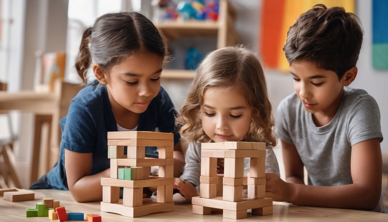 Children building a tower with blocks in a playroom, showing different faces, hair styles, and outfits.