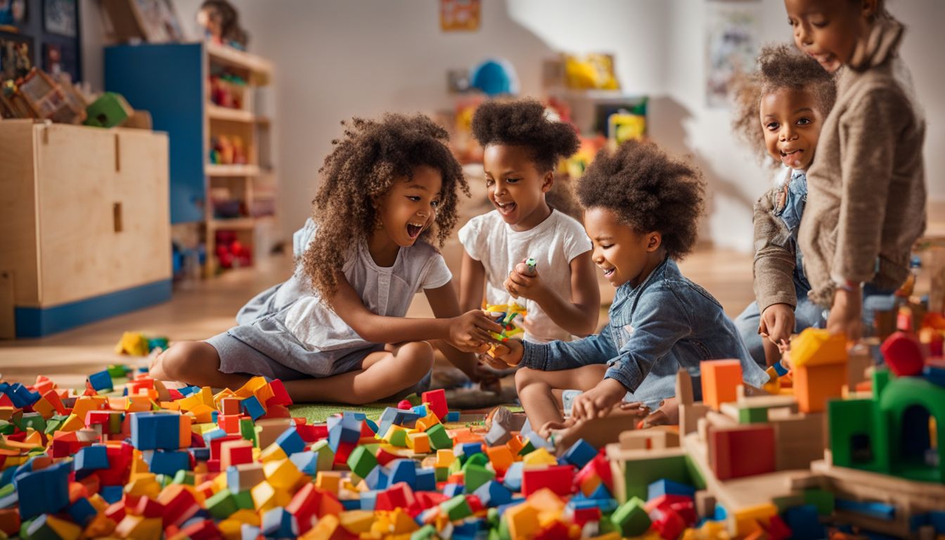 Children playing with construction toys in a colorful playroom, with detailed faces, hair styles, and outfits.