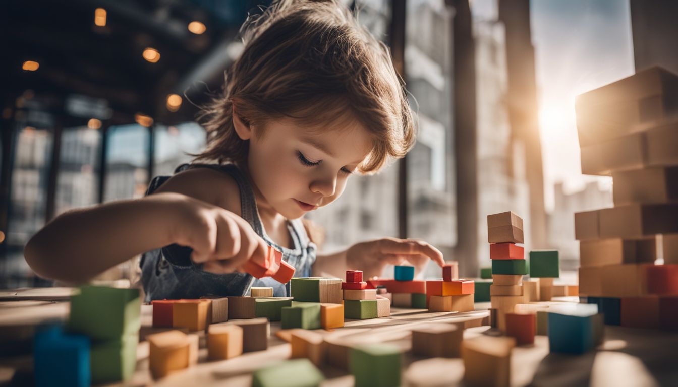 A child playing with colorful building blocks in a cityscape diorama, surrounded by different faces, hair styles, and outfits.