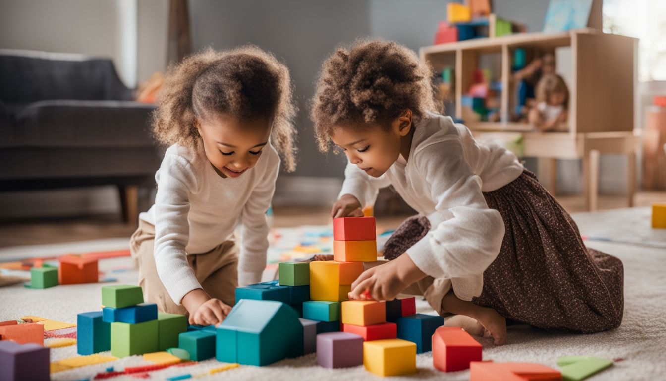 A child builds a colorful tower with blocks in a well-lit playroom, surrounded by diverse faces and a bustling atmosphere.