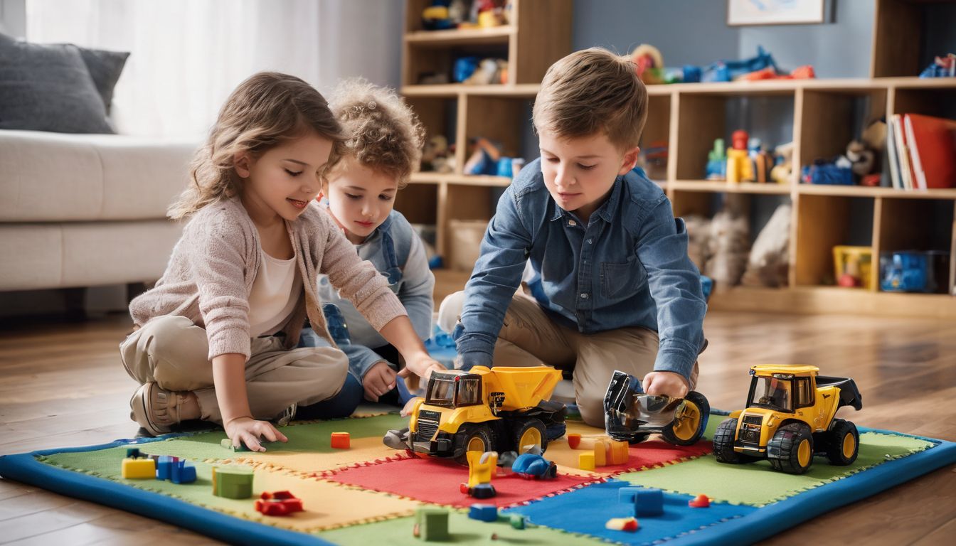 A diverse group of children playing with construction toys on a colorful play mat.