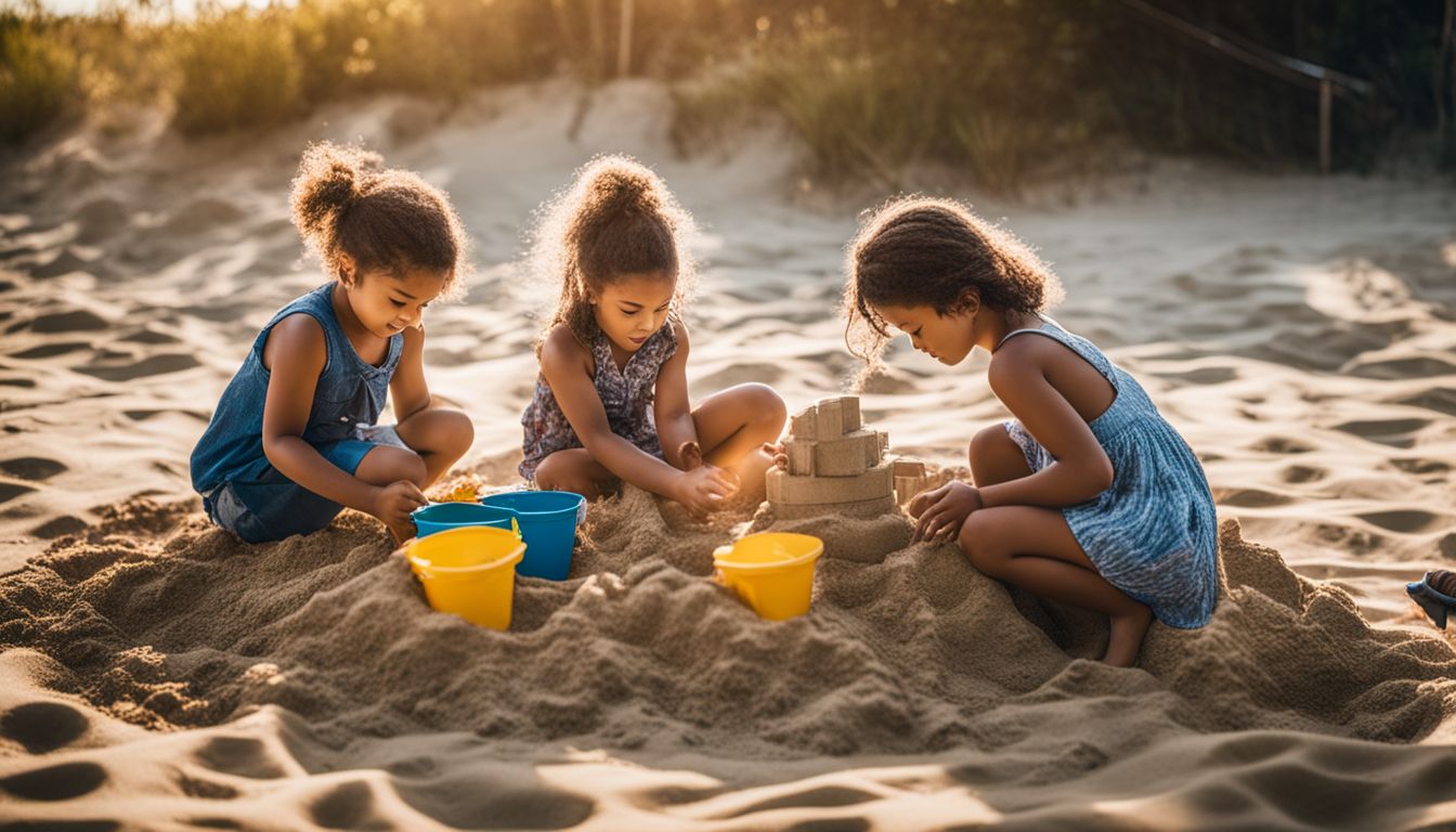 Children playing and building sandcastles in a fun sandbox with various toys and buckets.