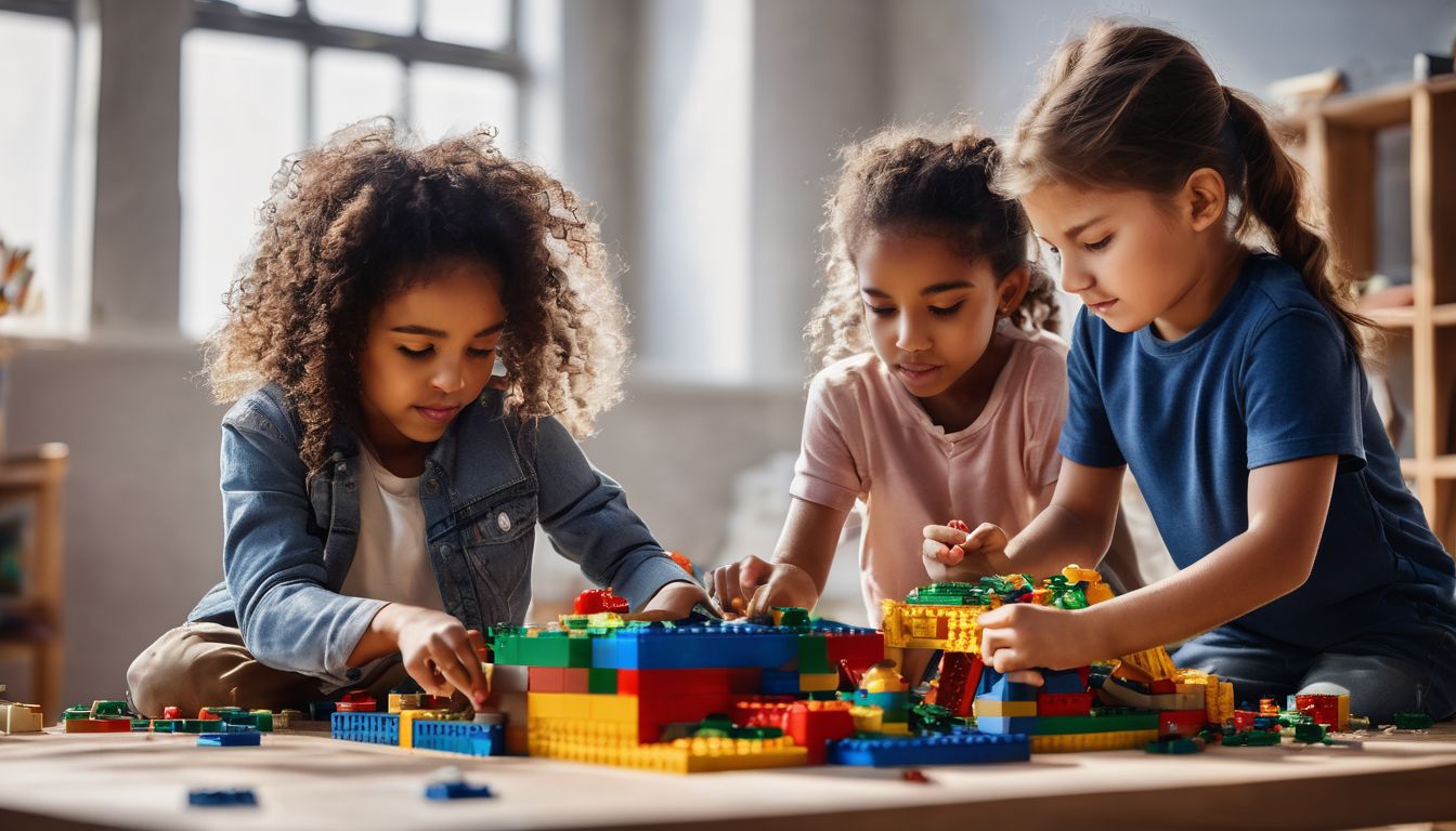 Children work together to build a complex Lego structure with various faces, hair styles, and outfits.