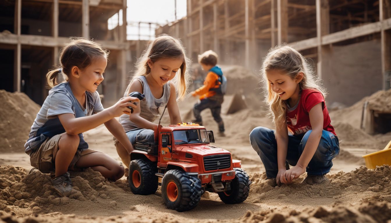 A diverse group of children playing with remote control trucks in a dirt-filled construction site.