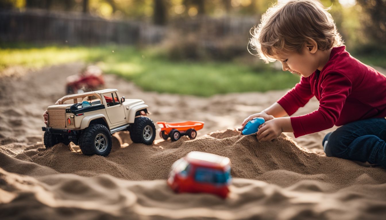 A child playing with a vehicle toy set in a sandbox, surrounded by other children of diverse backgrounds.