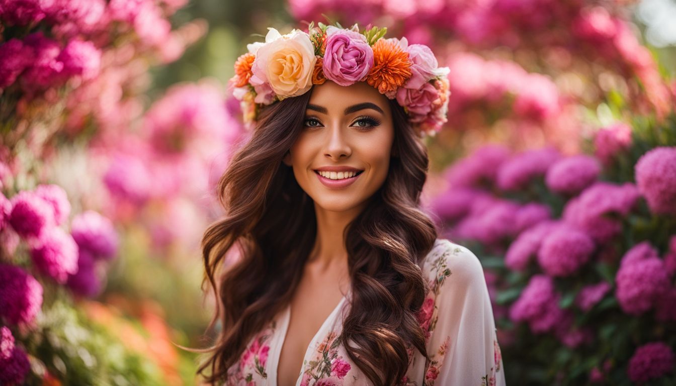 A woman wearing a floral crown stands in a colorful garden, surrounded by people with various hairstyles and outfits. This image embodies the diverse and dynamic world of women's fashion.