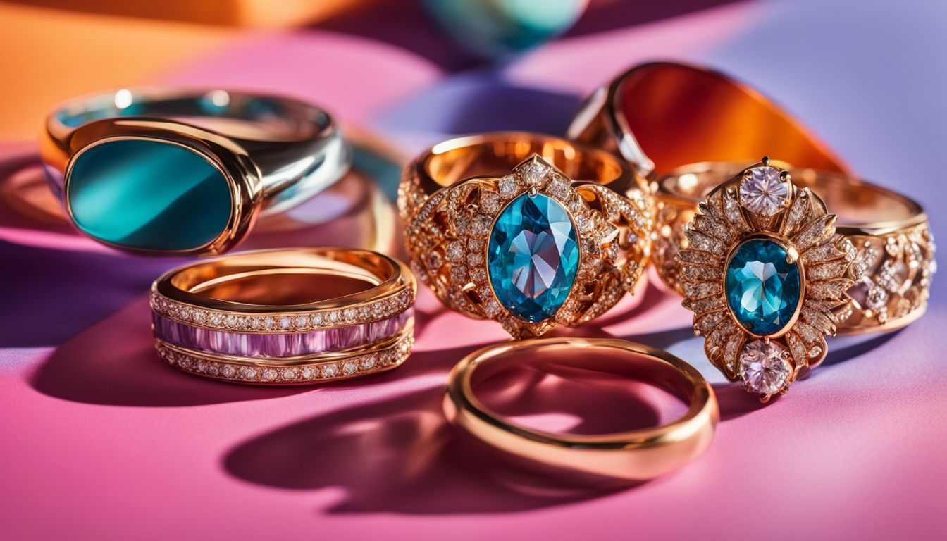 A diverse collection of statement rings, showcasing various styles and colors, set against a lively and colorful background.