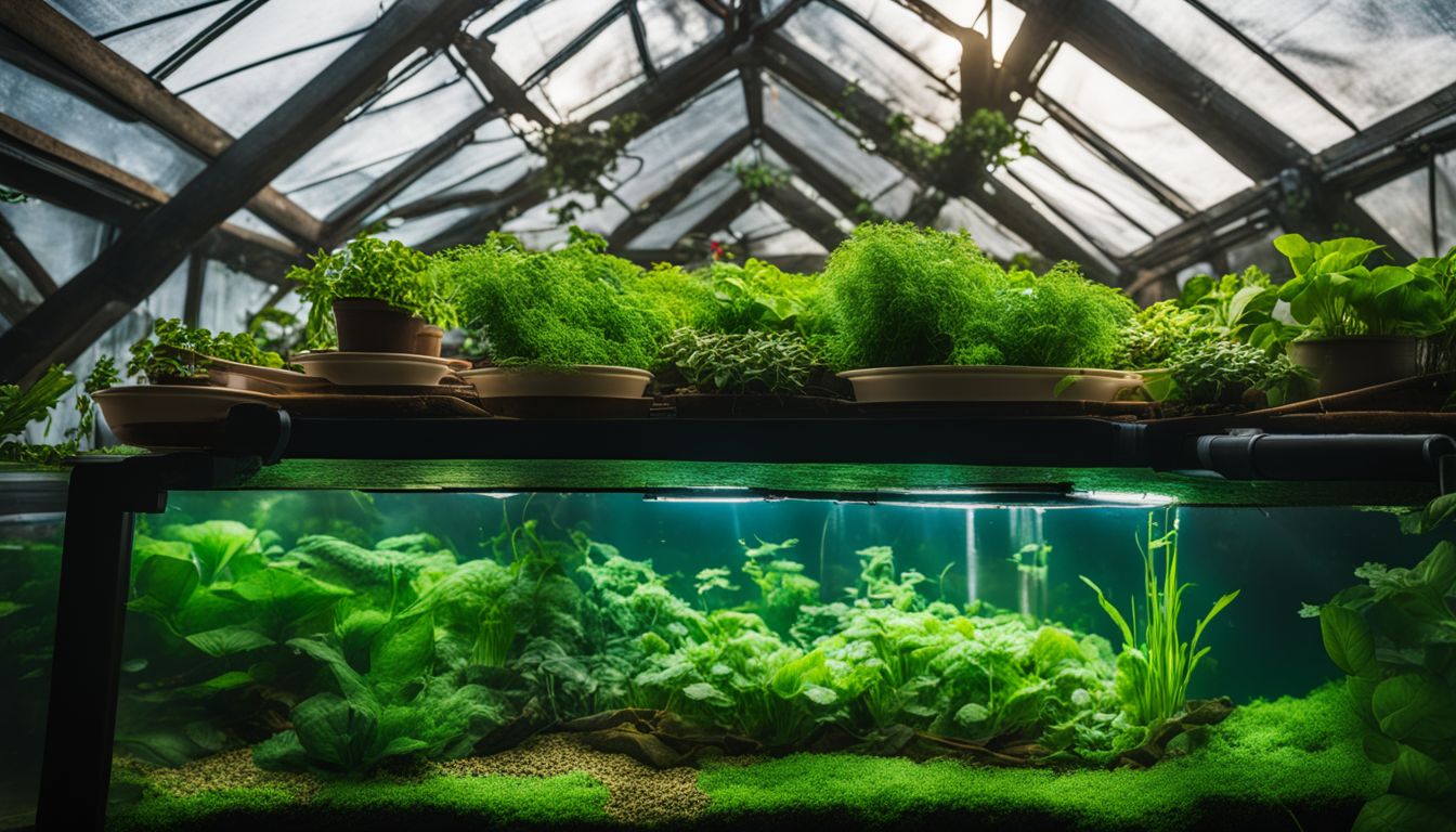 A vibrant aquaponics system with thriving plants and fish, surrounded by diverse people and lush greenery.