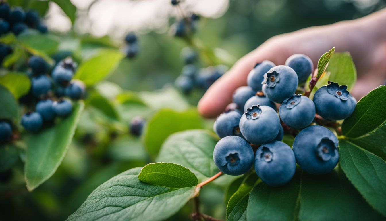 A photo of blueberries growing on a bush in a lush garden, featuring people of different ethnicities and outfits.