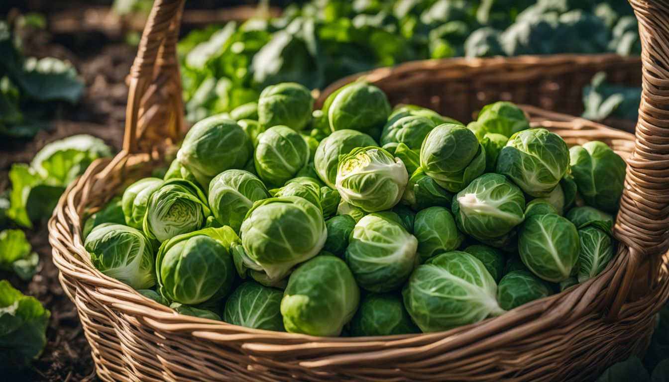 A bountiful basket of Brussels sprouts in a vibrant vegetable garden, captured with exquisite detail and clarity.