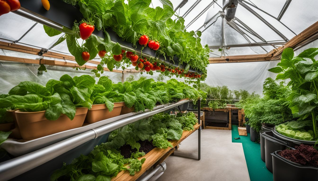A thriving aquaponic garden with a variety of plants, including leafy greens, herbs, tomatoes, peppers, cucumbers, and strawberries.