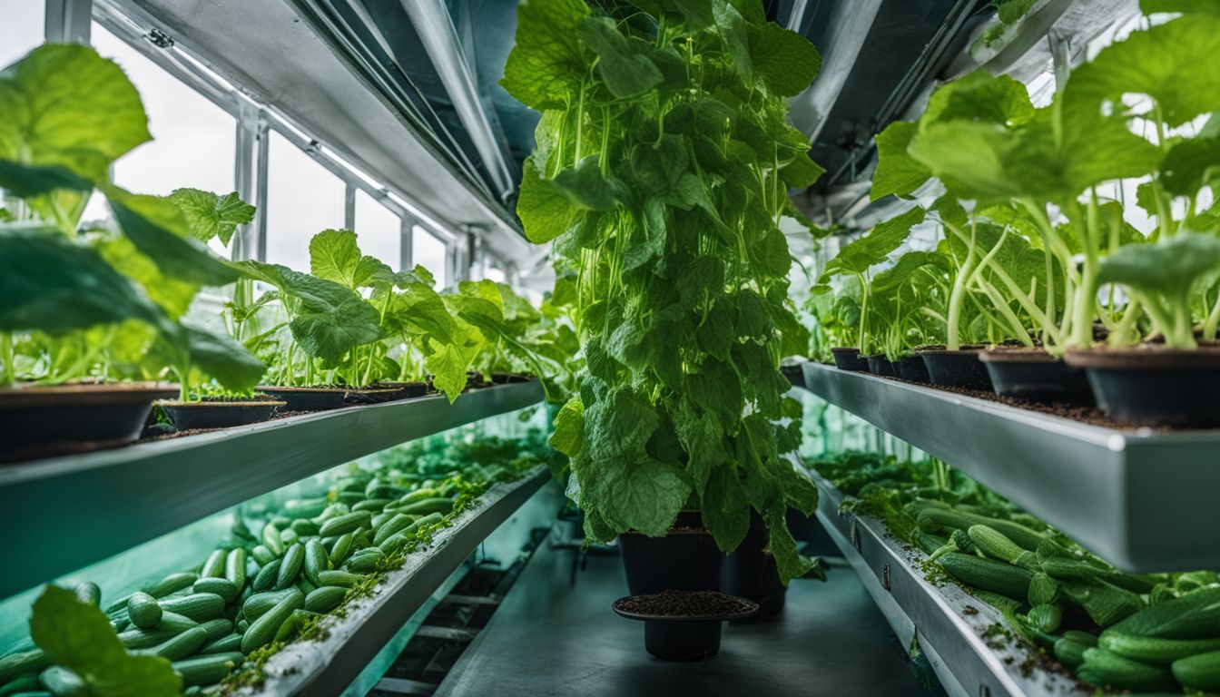 A vibrant aquaponics setup with cucumbers growing vertically, featuring diverse individuals in different hairstyles and outfits.
