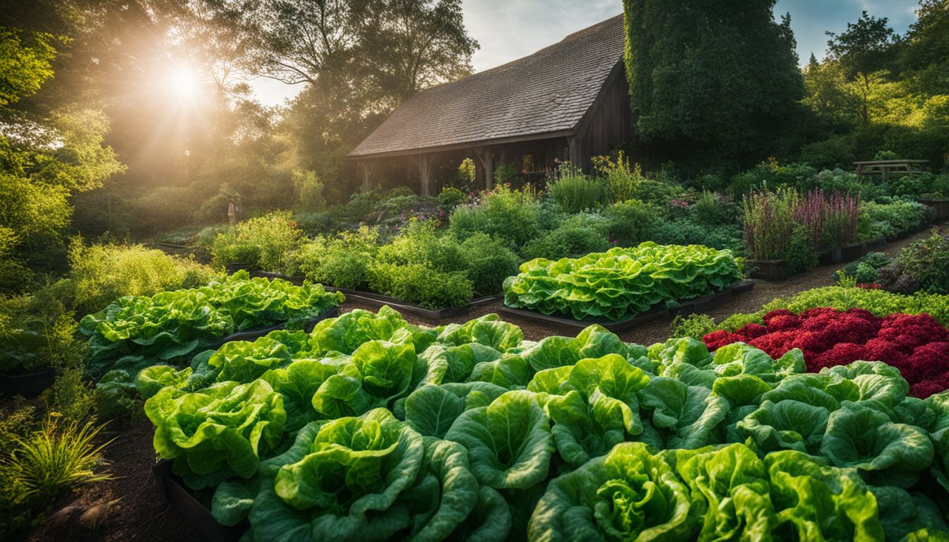 A diverse group of people in a lush garden growing vibrant lettuce, kale, and spinach plants.