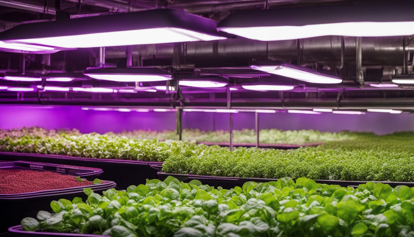 A photo of a diverse group of people tending to a vibrant hydroponic system with various plants growing.