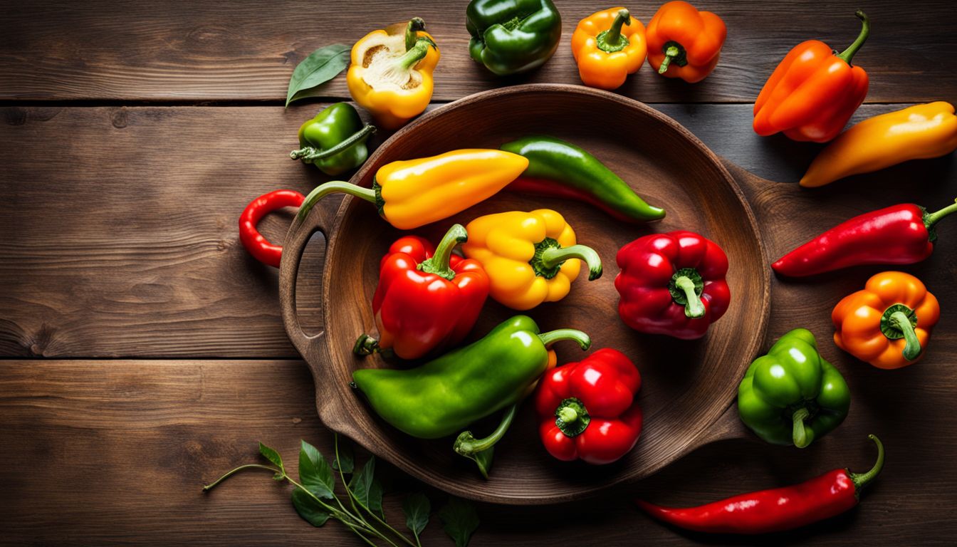 A vibrant assortment of fresh peppers on a wooden table with various people showcasing different looks and styles.