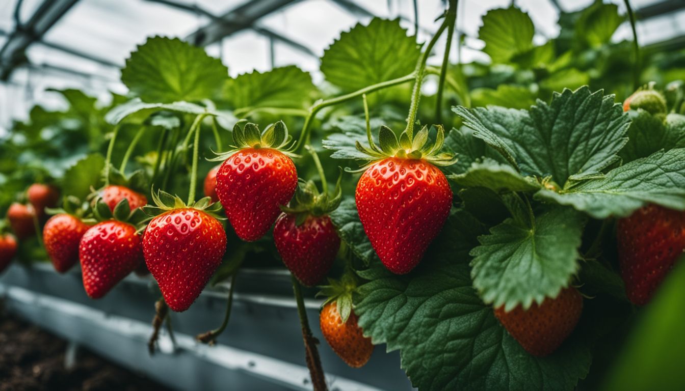 A colorful photo of ripe strawberries growing in an aquaponics garden with a variety of people and outfits.