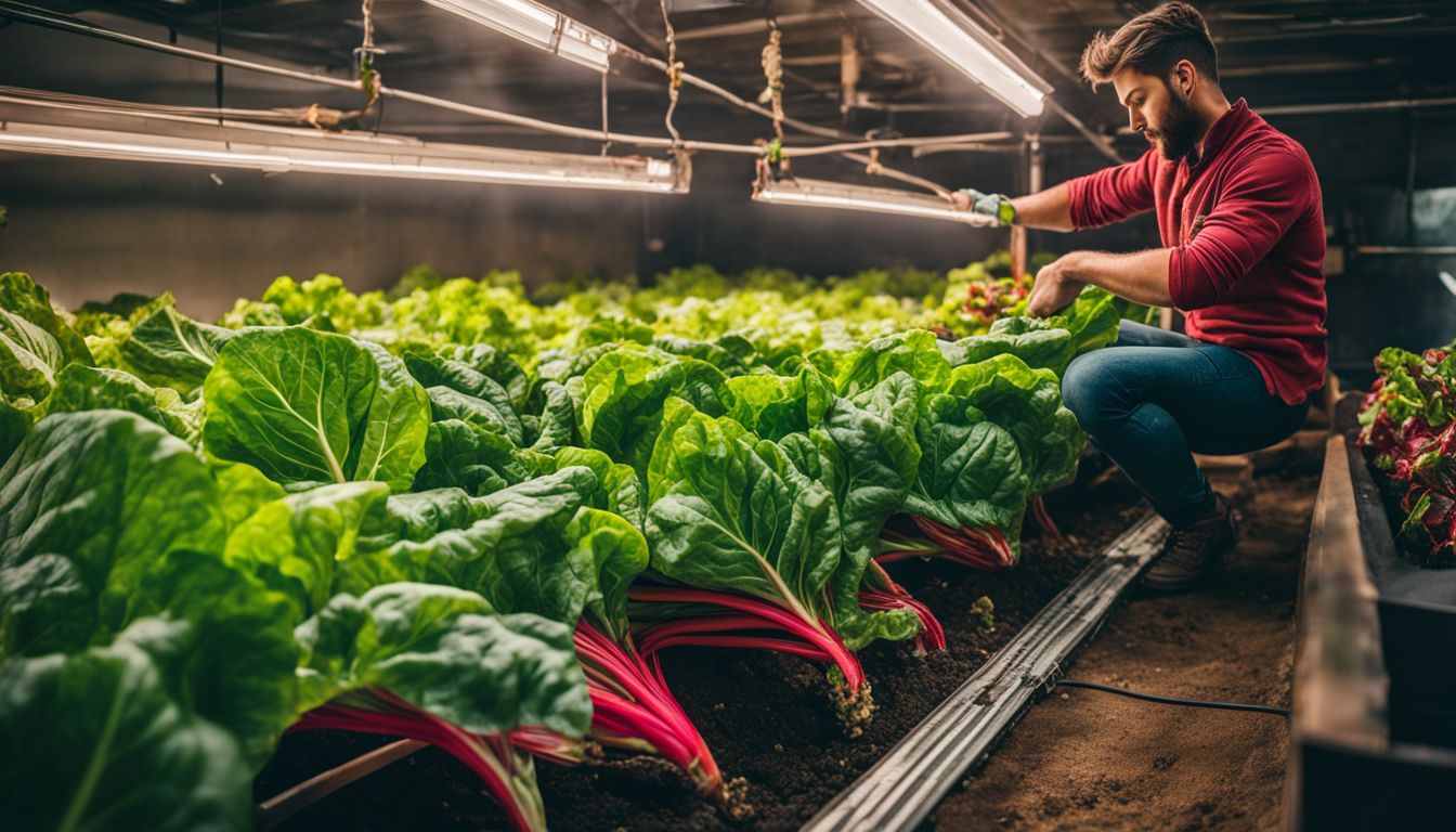 Colorful Swiss chard harvest in an aquaponics garden with diverse people, outfits, and a bustling atmosphere.