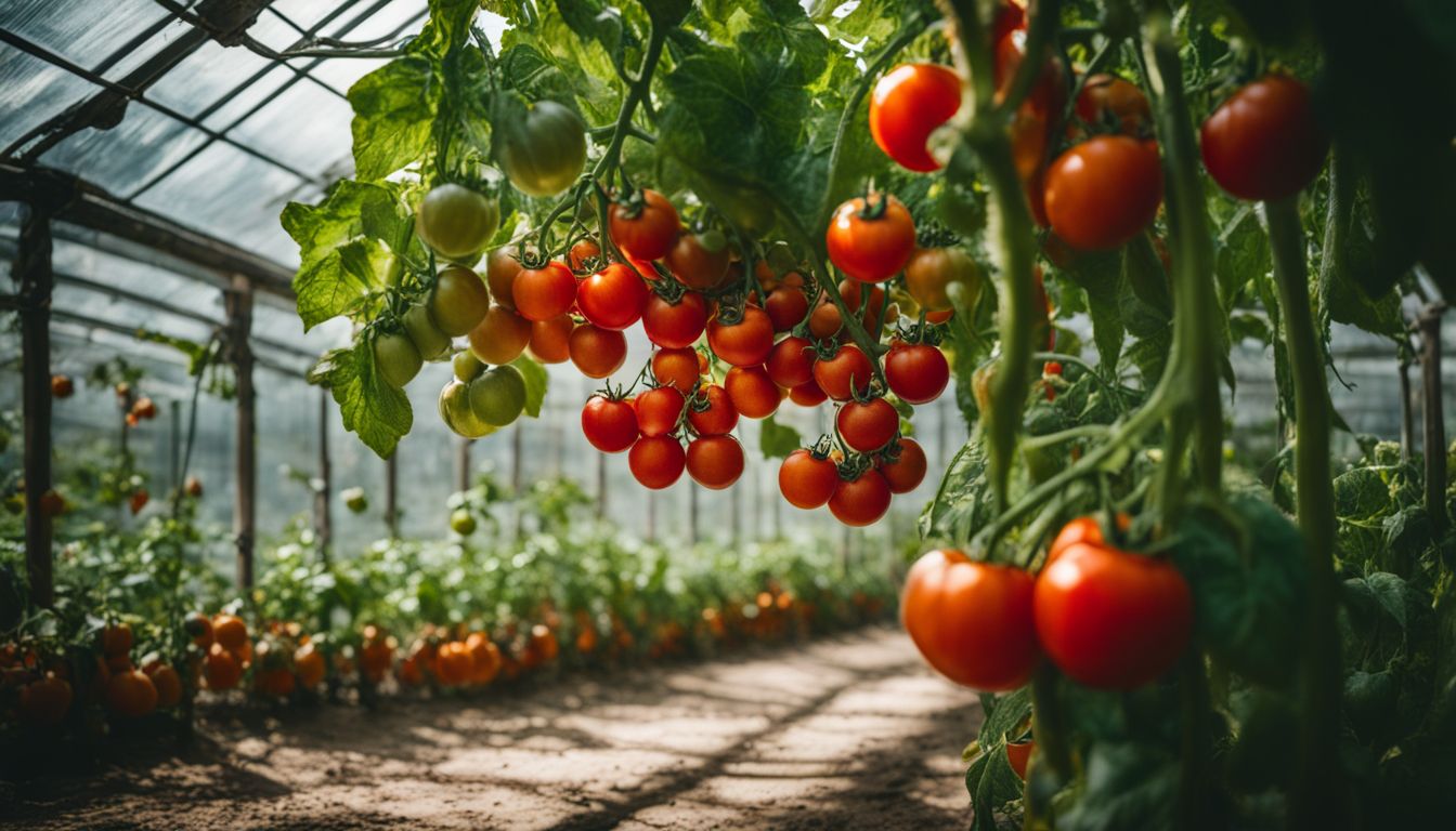 A diverse collection of red tomatoes on a vine in a greenhouse, captured with professional photography equipment.