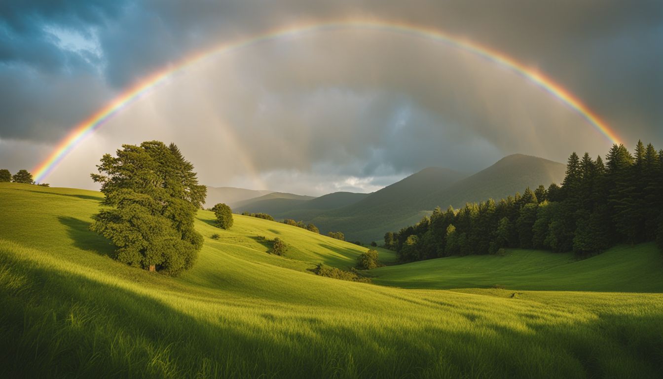 A stunning photo of a rainbow over a lush green field.