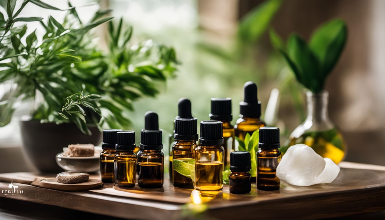 Stylish assortment of essential oils and plants in a nature setting.