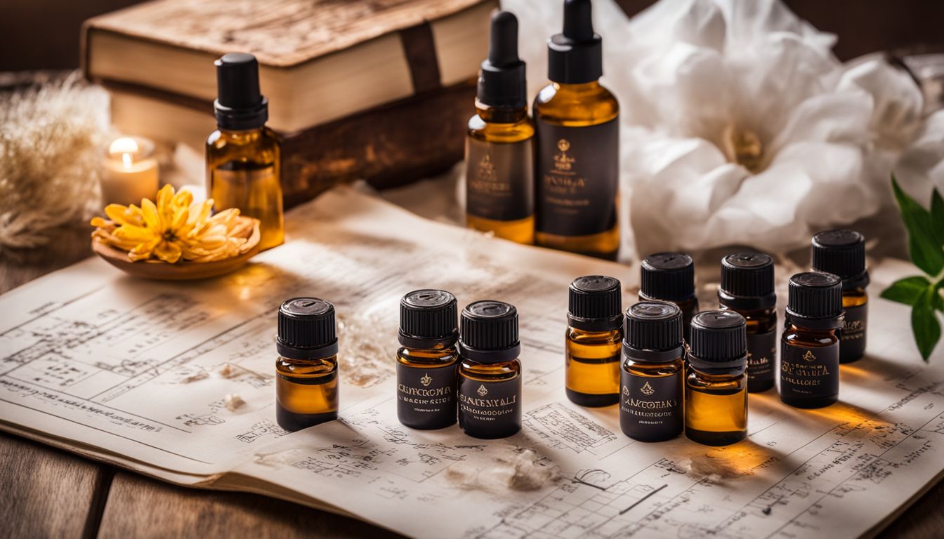 A still life photograph of essential oils surrounded by reflexology charts.