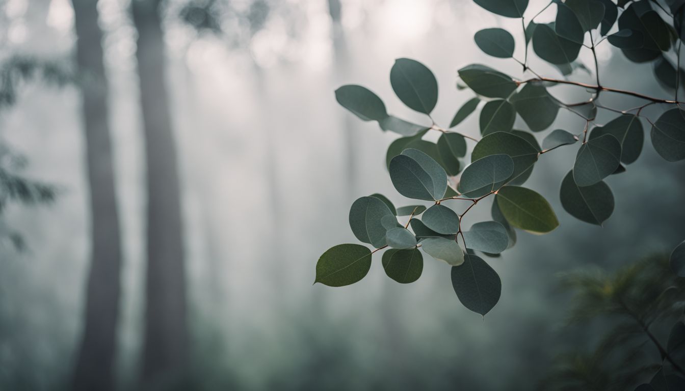 Close-up of eucalyptus leaves in misty forest, showcasing nature's beauty.
