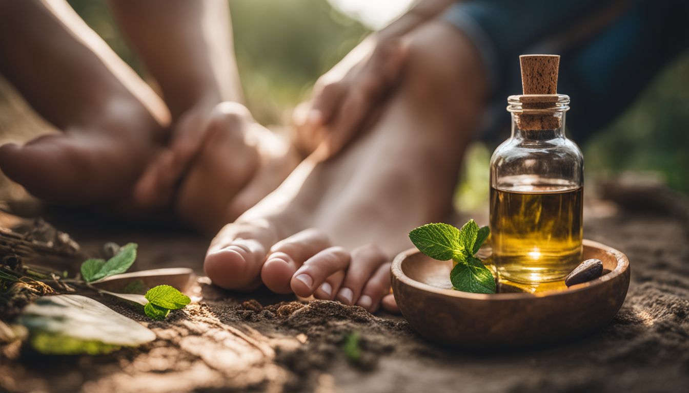 Close-up of natural elements and essential oils on bare feet.