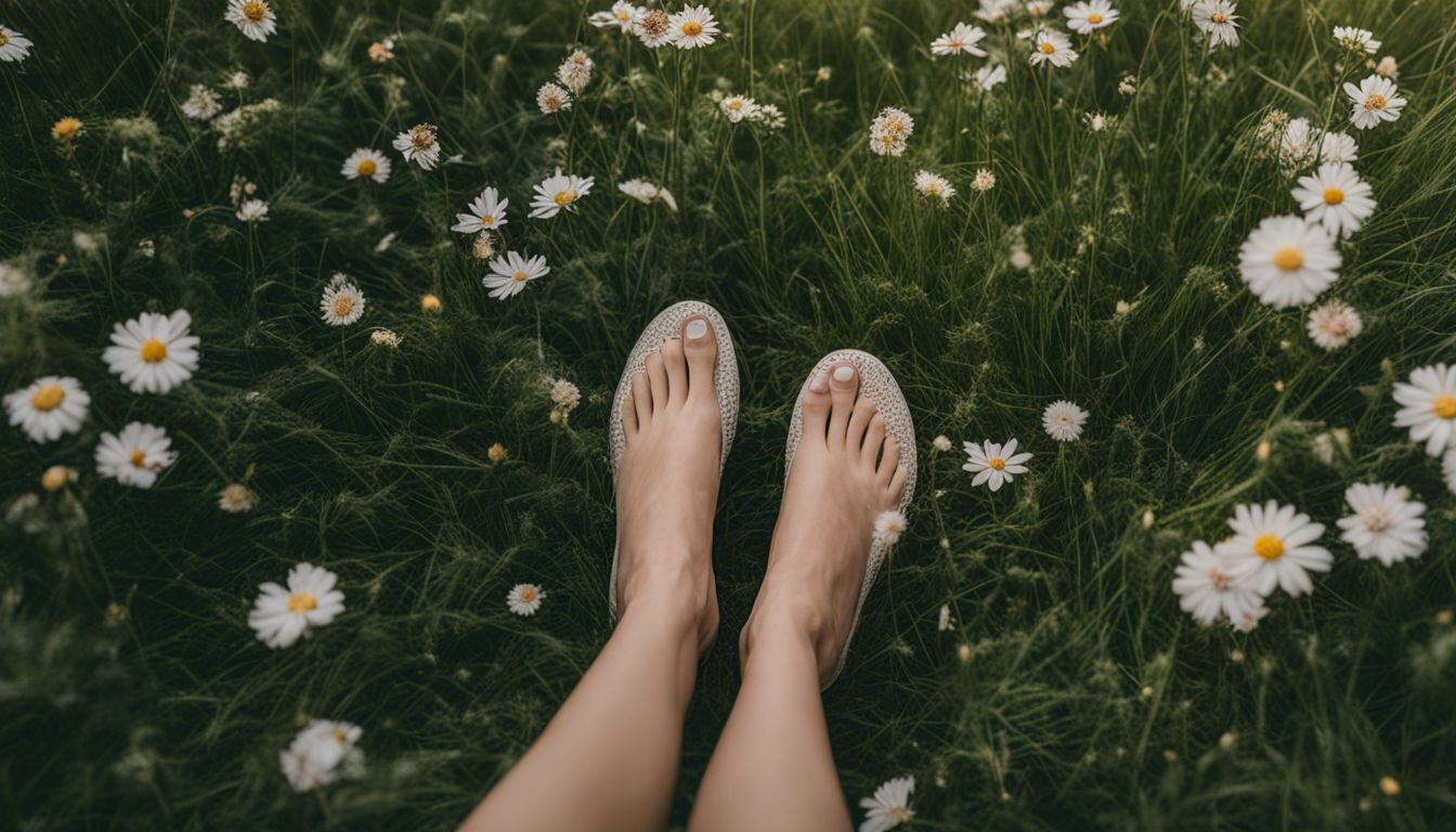 A photo of bare feet on grass surrounded by flowers with various backgrounds.