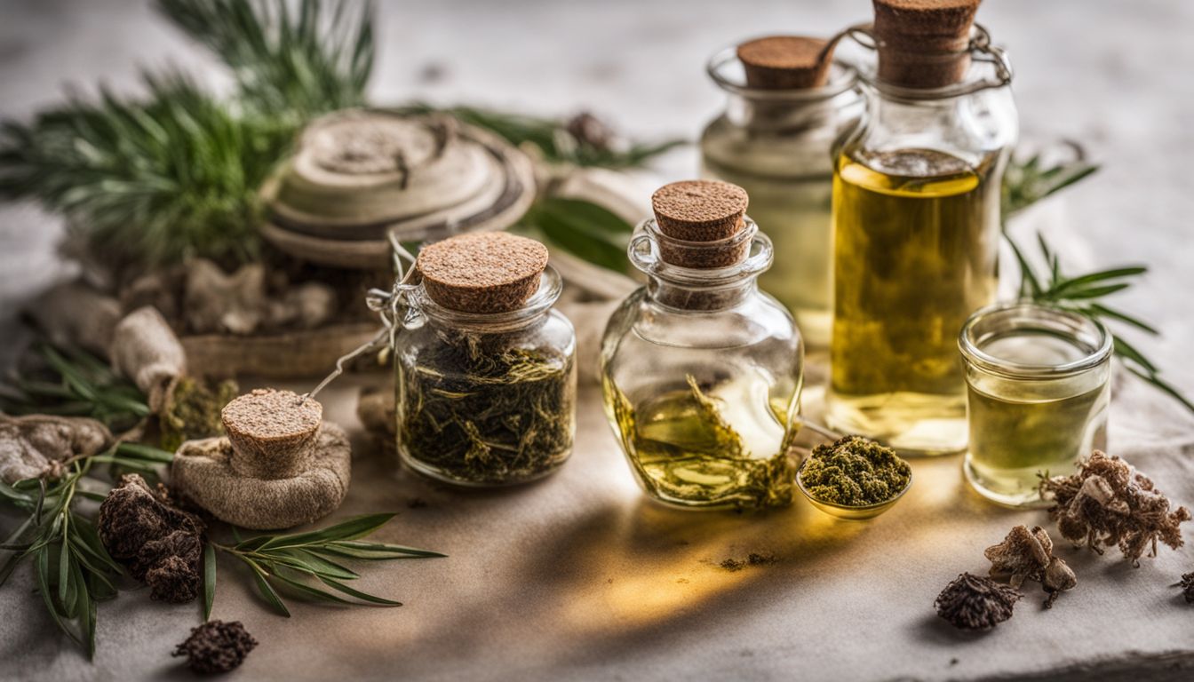 A photo of tea tree oil surrounded by various types of fungus.