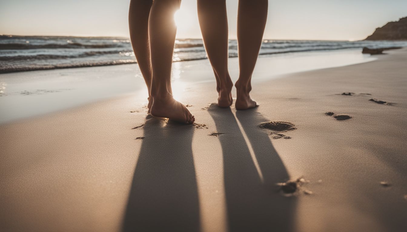 A photo of bare feet on a sandy beach with various backgrounds.