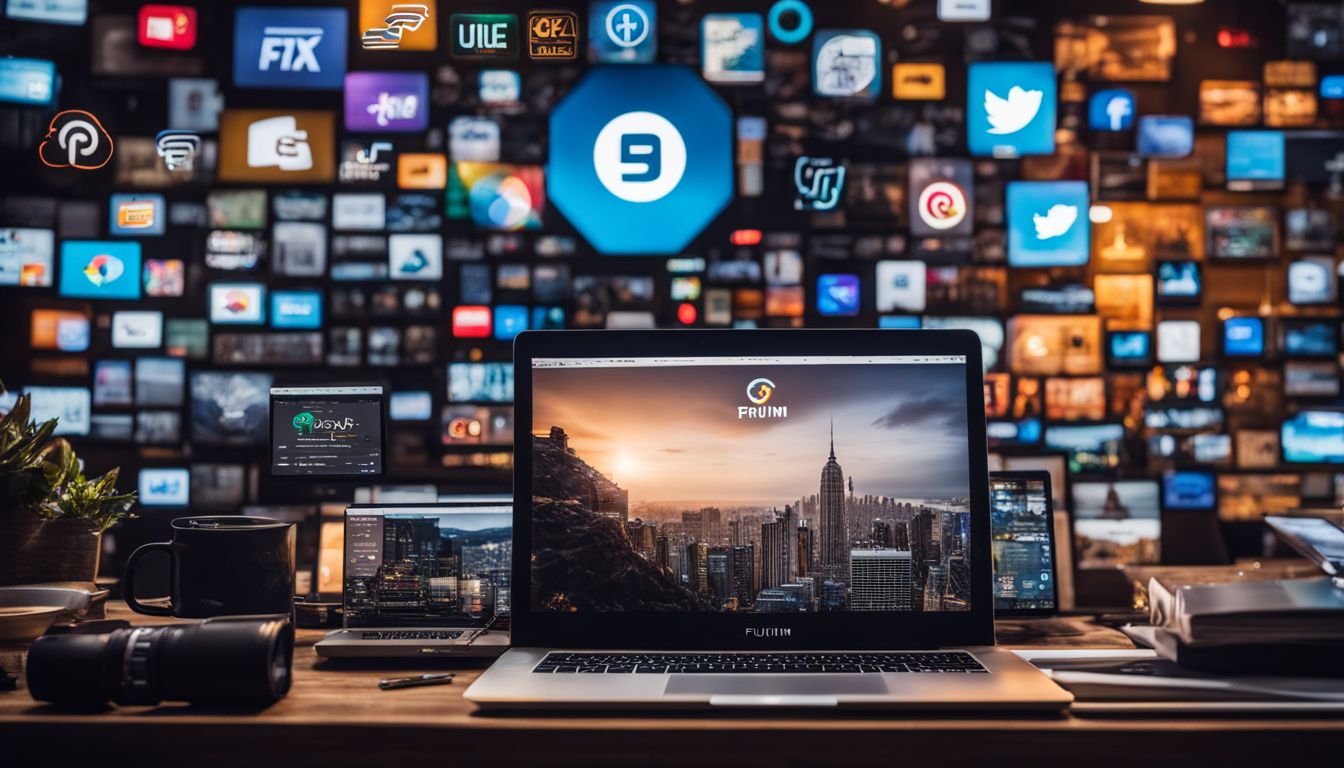 A laptop surrounded by various affiliate network logos and cityscape photography.