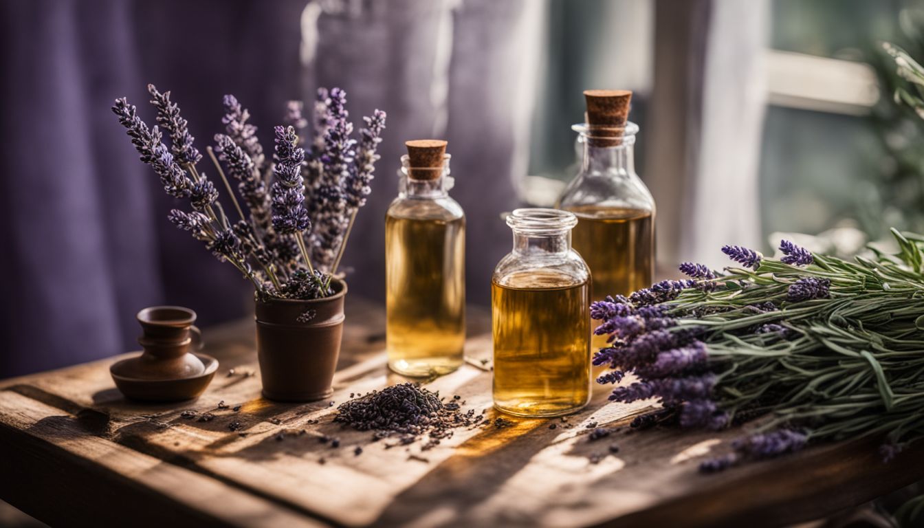 A photo featuring lavender, peppermint leaves, and tea tree oil bottles on a wooden table, with a nature theme.