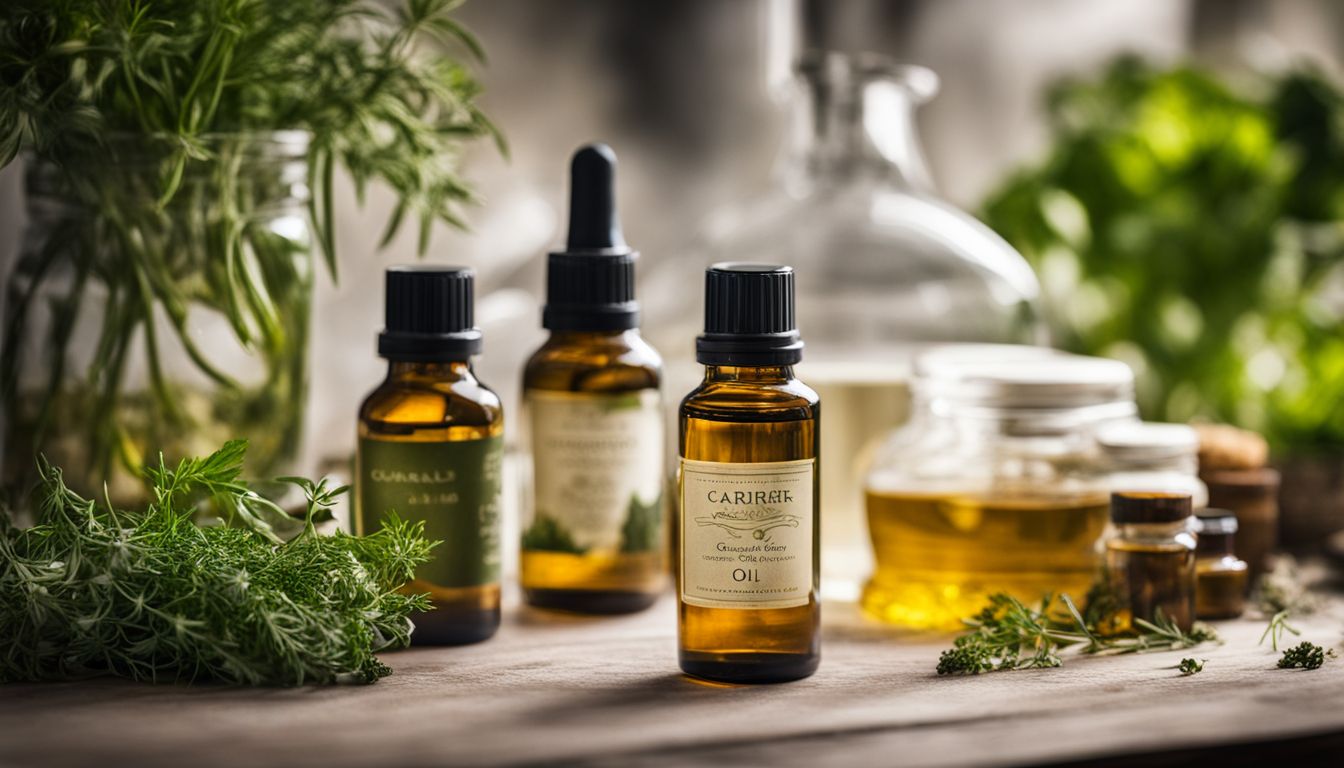 The image subject is a collection of carrier and essential oils surrounded by fresh herbs, without any human presence.