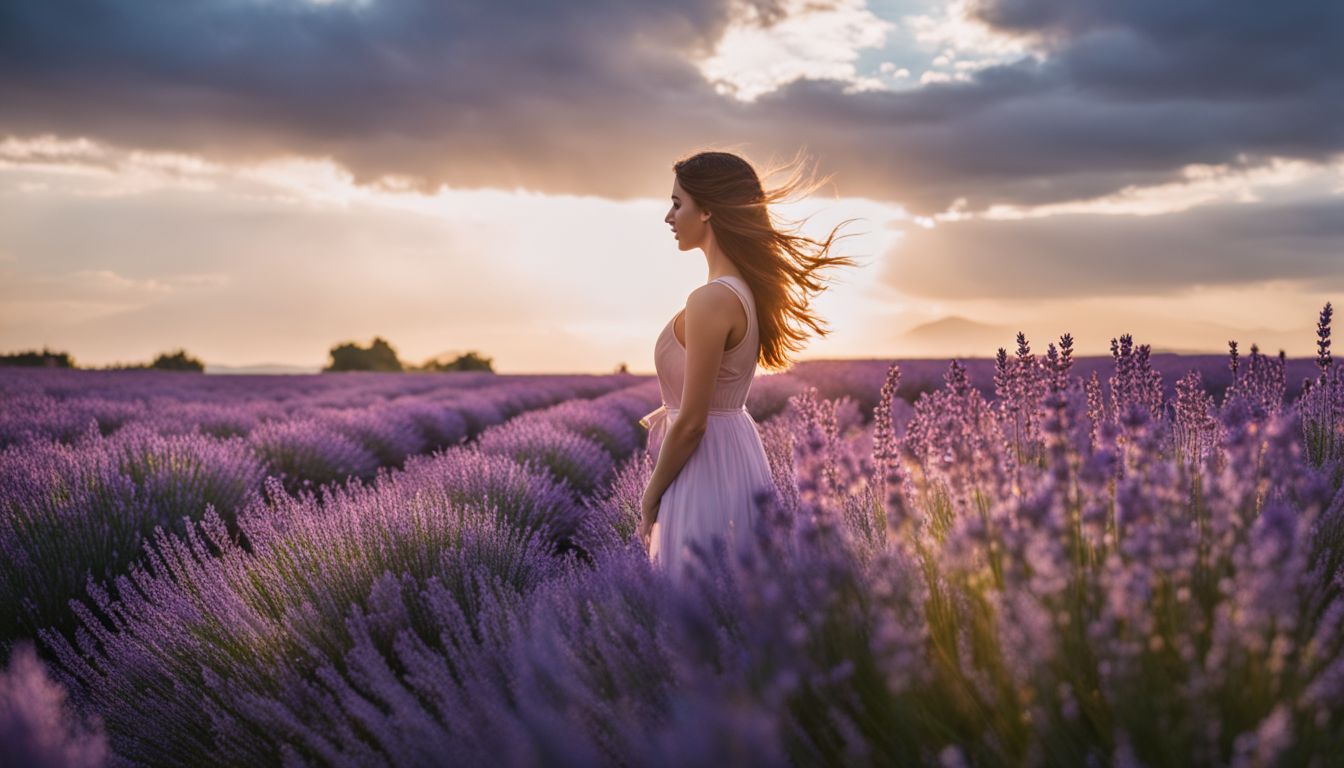 A field of blooming lavender with a diffuser releasing lavender oil mist, captured in a vibrant and breathtaking nature photograph.