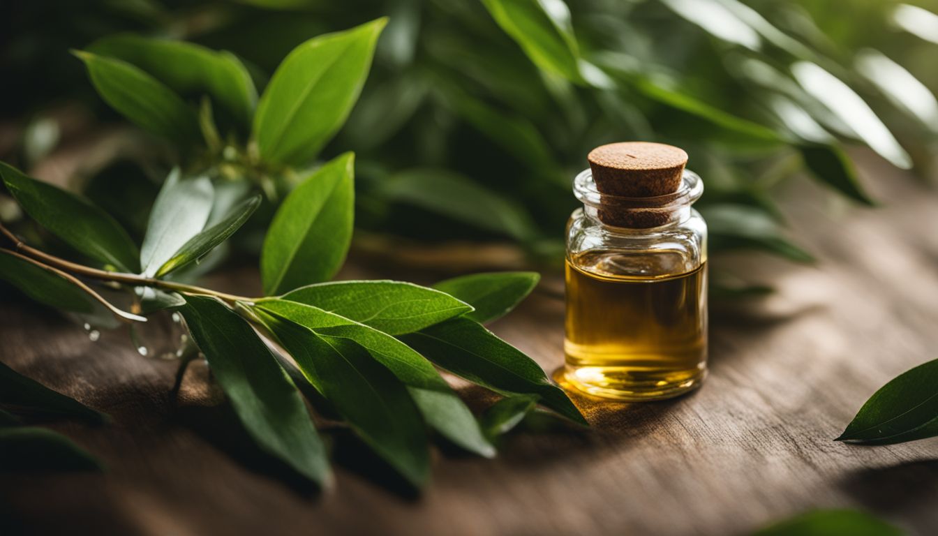 A bottle of tea tree oil surrounded by fresh green leaves in a vibrant and diverse nature setting.
