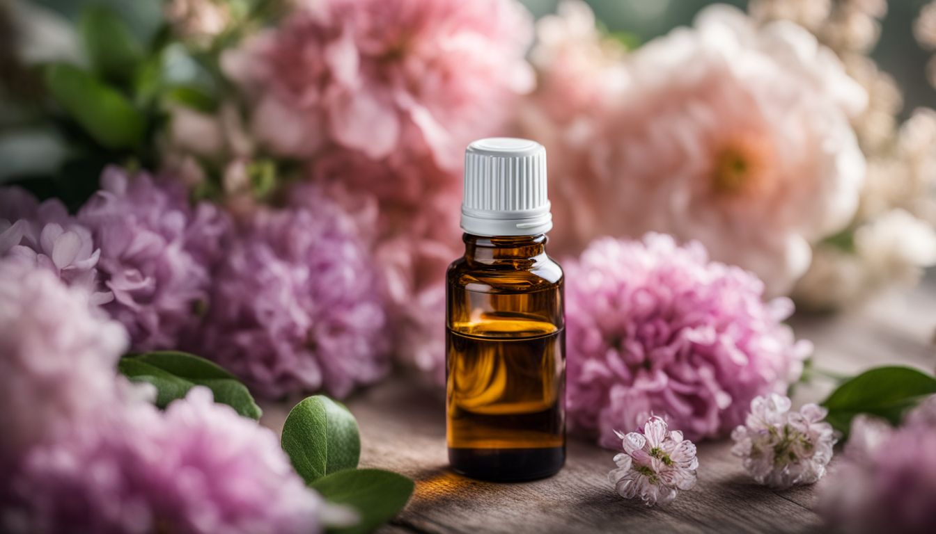 A photo featuring a bottle of essential oil surrounded by fresh flowers, with different faces, hairstyles, and outfits.