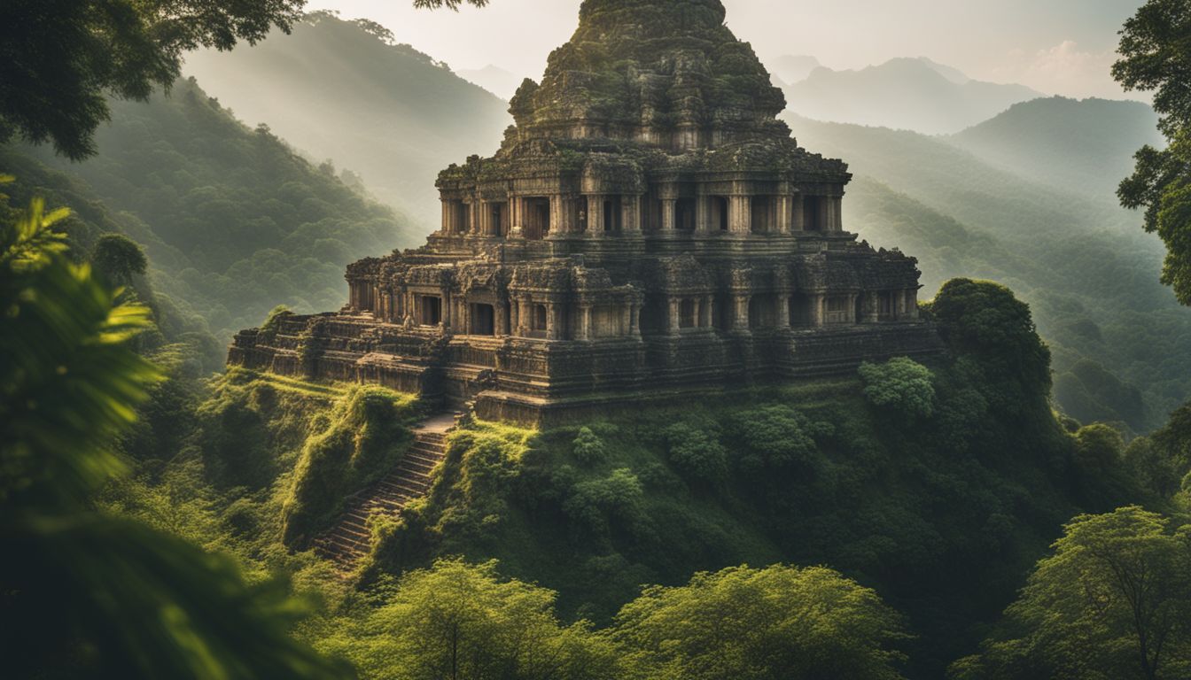 An ancient temple surrounded by lush greenery, captured in a wide-angle photo with various people and a bustling atmosphere.