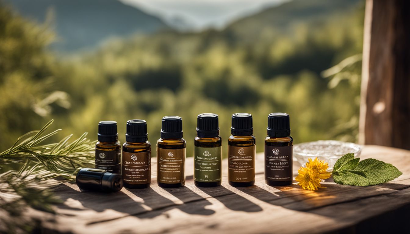 A collection of various essential oil bottles in a natural scenery, without any humans present.