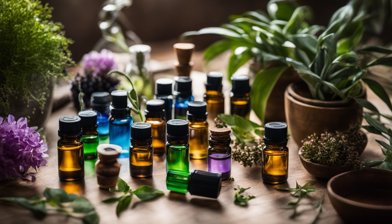 An arrangement of colorful essential oil bottles and plants, photographed in high quality with vibrant colors and sharp focus.