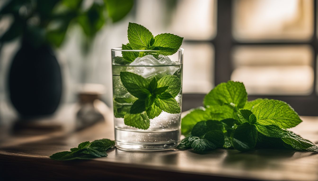 A photo of peppermint leaves in water with a bottle of essential oil in the background, without any humans in the scene.