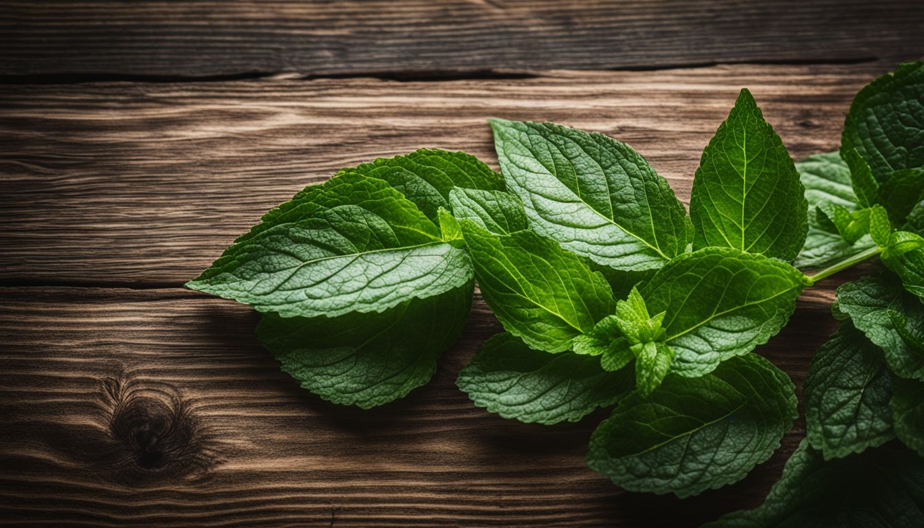 A close-up photo of fresh peppermint leaves on a wooden background without any humans in the scene.
