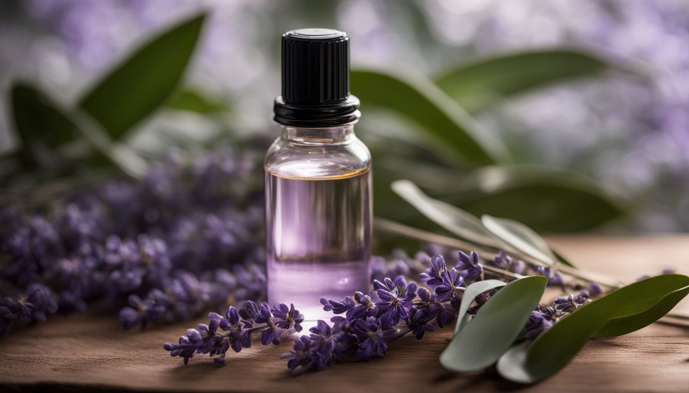 A close-up photo of a massage oil bottle surrounded by lavender and eucalyptus leaves, depicting a calming and natural scene.