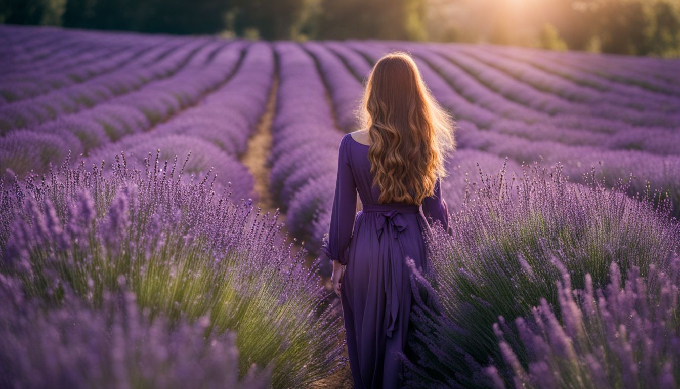 A vibrant lavender field with diverse hairstyles, outfits, and faces, captured in stunning detail and without any humans.
